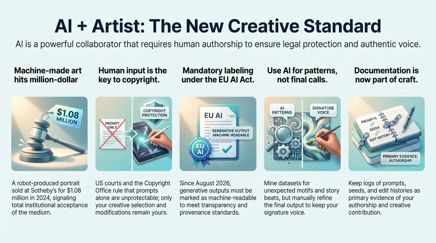 Infographic titled AI + Artist: The New Creative Standard outlining best practices for creative collaboration, copyright protection, and legal compliance. It highlights five key pillars: machine-made art milestones, human authorship requirements for copyright, mandatory labeling under the EU AI Act, using AI for ideation over final output, and documenting prompt workflows to prove creative contribution.