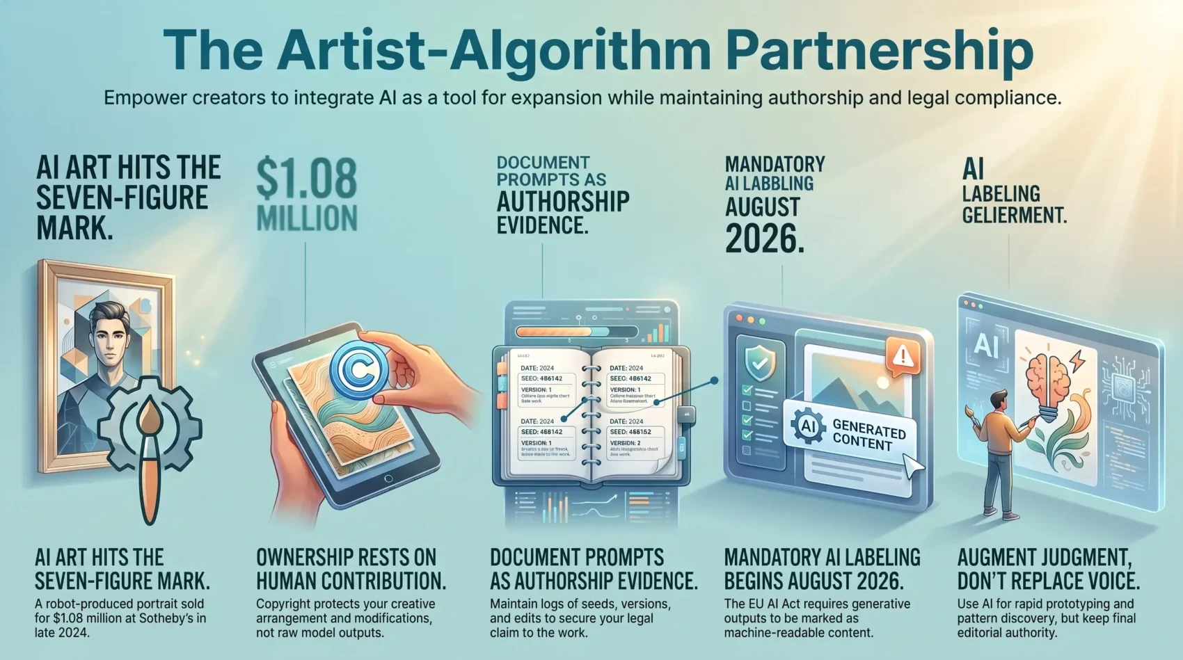 Educational infographic about the artist-algorithm partnership, covering AI art market value, copyright ownership rules, prompt documentation, and EU labeling compliance.