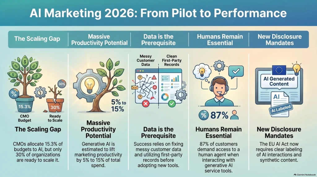 Infographic on AI marketing trends for 2026 covering the scaling gap, productivity potential, clean data prerequisites, and EU AI Act disclosure mandates by SmartKeys.