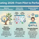AI in Marketing 2026: What Works and What the Rules Require Infographic on AI marketing trends for 2026 covering the scaling gap, productivity potential, clean data prerequisites, and EU AI Act disclosure mandates by SmartKeys.