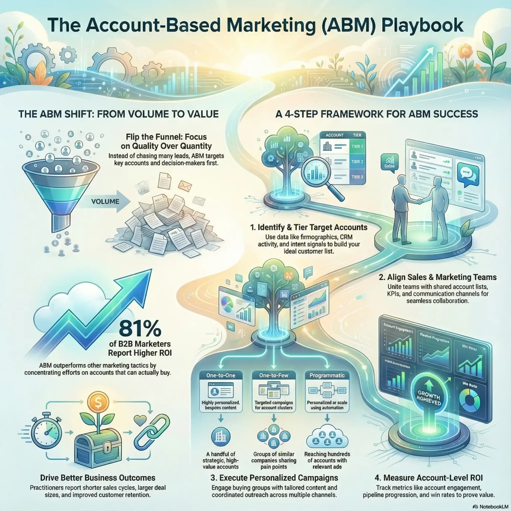 Infographic featuring the Account-Based Marketing (ABM) Playbook by SmartKeys, outlining a 4-step framework to align sales and marketing teams for targeting high-value accounts.