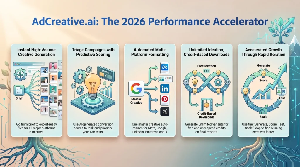 Infographic highlighting AdCreative.ai features in 2026, detailing automated creative generation, predictive scoring, multi-platform formatting, and rapid campaign scaling by SmartKeys.