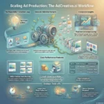 AdCreative.ai Review 2026: Variants, Scores & CTR Lift Infographic illustrating the AdCreative.ai workflow for scaling ad production. It highlights the repeatable brand setup, unlimited AI variant generation, predicted conversion scoring, multi-platform auto-resizing, pricing tiers, and strategic trade-offs. Featured in a SmartKeys review.