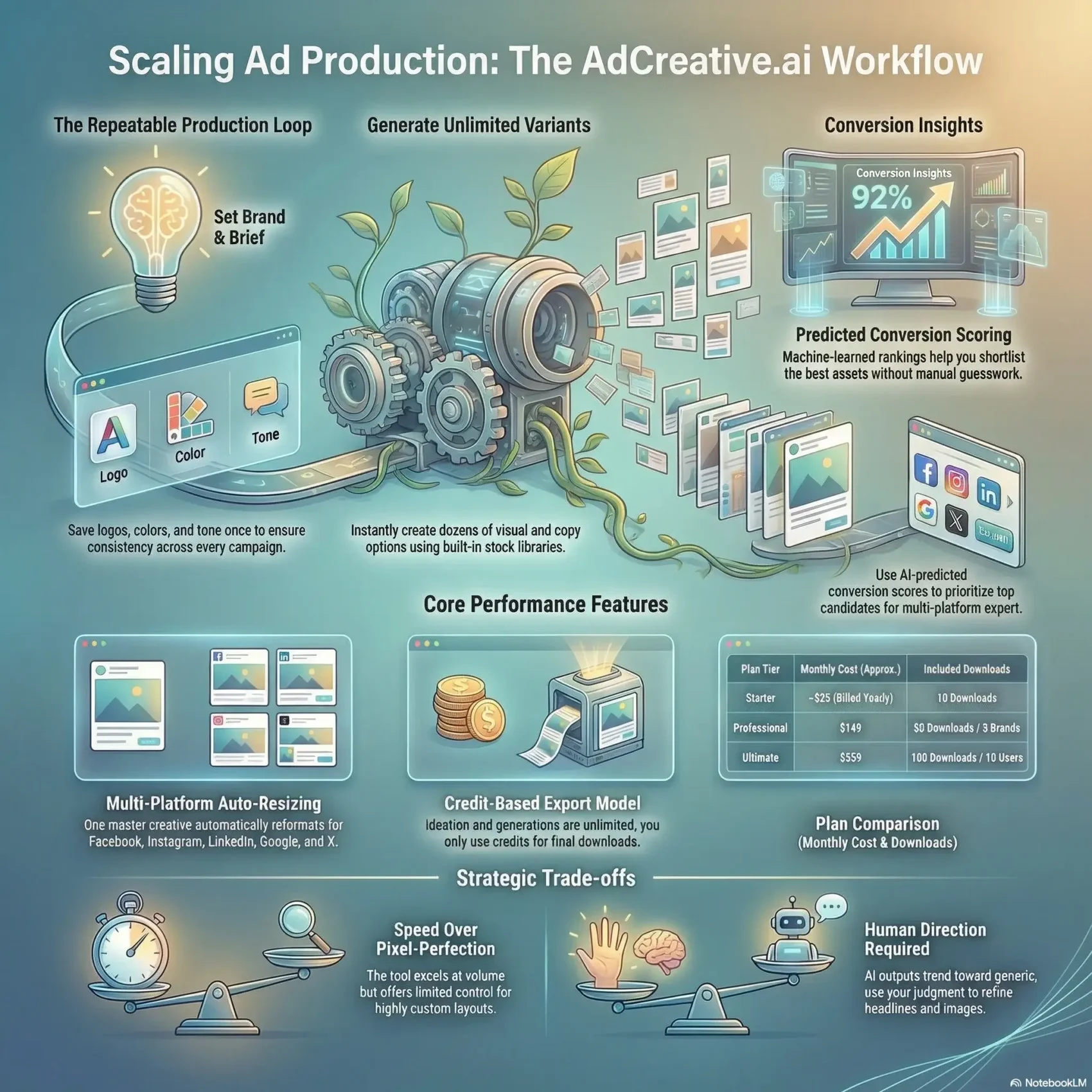 Infographic illustrating the AdCreative.ai workflow for scaling ad production. It highlights the repeatable brand setup, unlimited AI variant generation, predicted conversion scoring, multi-platform auto-resizing, pricing tiers, and strategic trade-offs. Featured in a SmartKeys review.