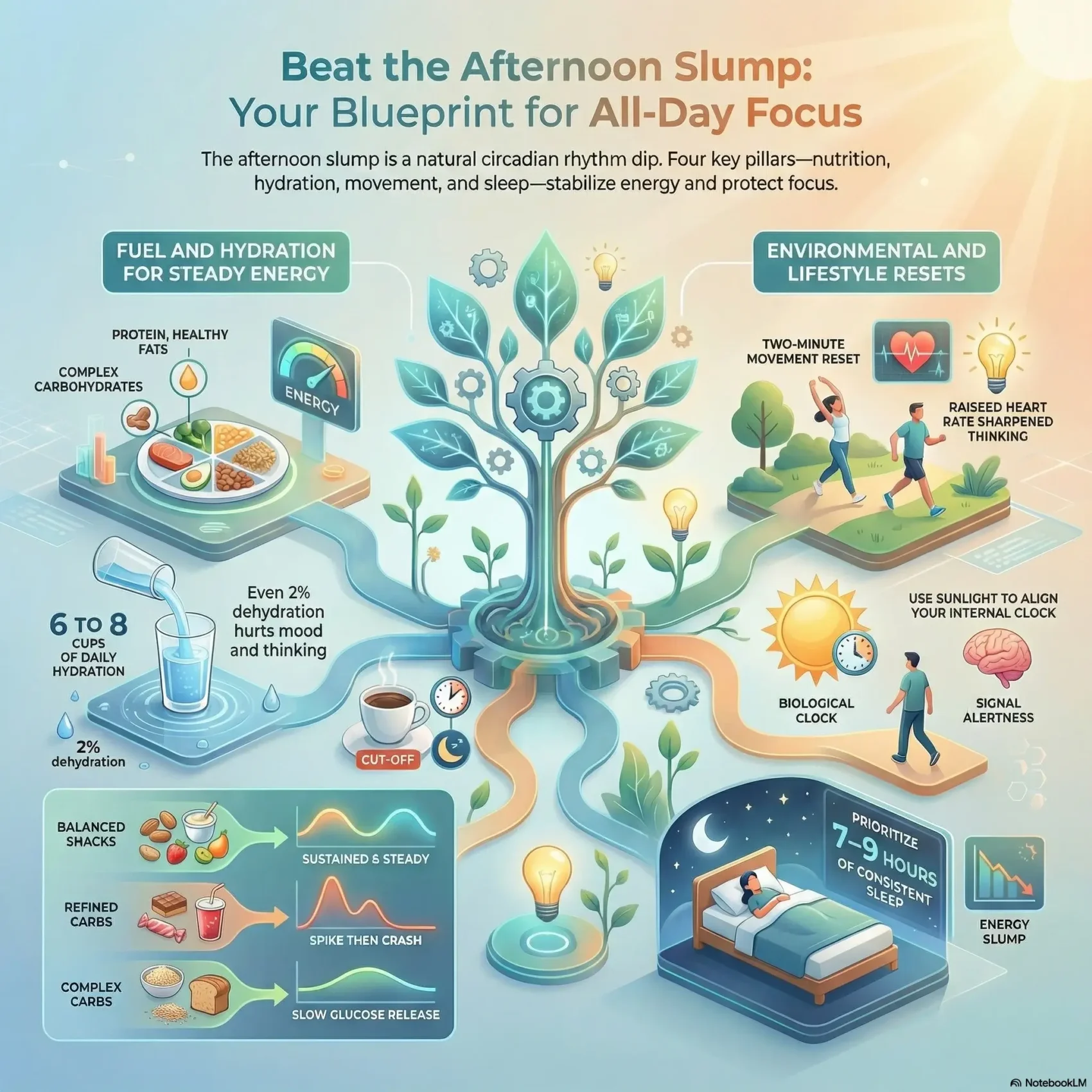 SmartKeys infographic illustrating afternoon slump cures and a blueprint for all-day focus, highlighting nutrition, hydration, movement, and sleep habits to stay energetic after lunch.