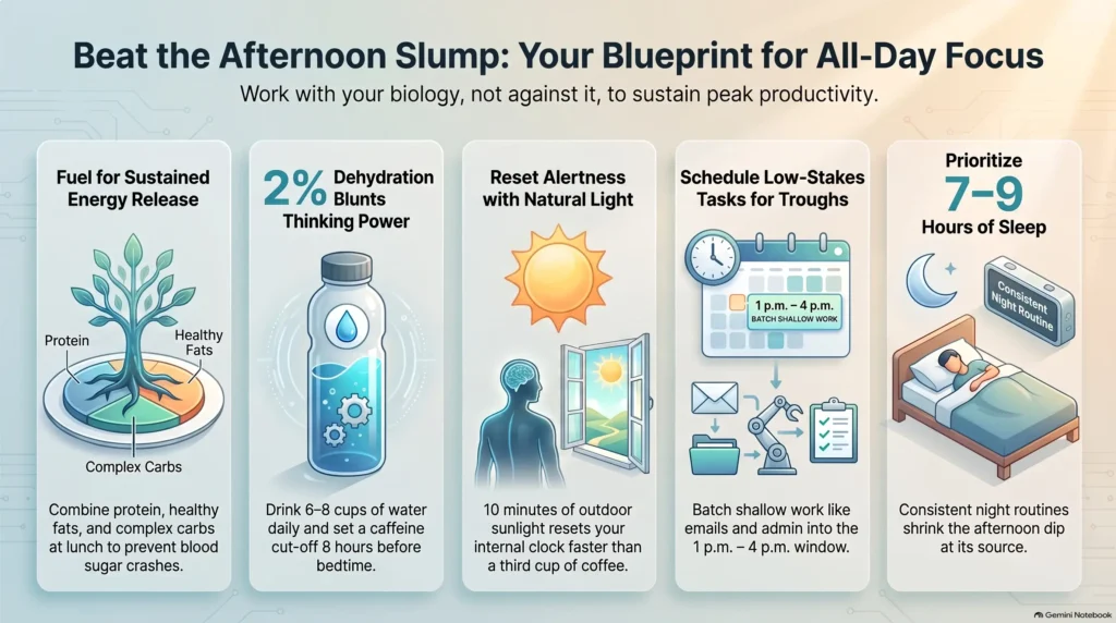 Infographic titled Beat the Afternoon Slump: Your Blueprint for All-Day Focus, outlining five daily habits including balanced nutrition, hydration, sunlight, task scheduling, and quality sleep.