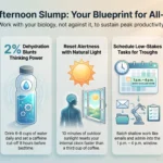 Afternoon Slump Cures: How to Stay Energetic and Focused After Lunch Infographic titled Beat the Afternoon Slump: Your Blueprint for All-Day Focus, outlining five daily habits including balanced nutrition, hydration, sunlight, task scheduling, and quality sleep.