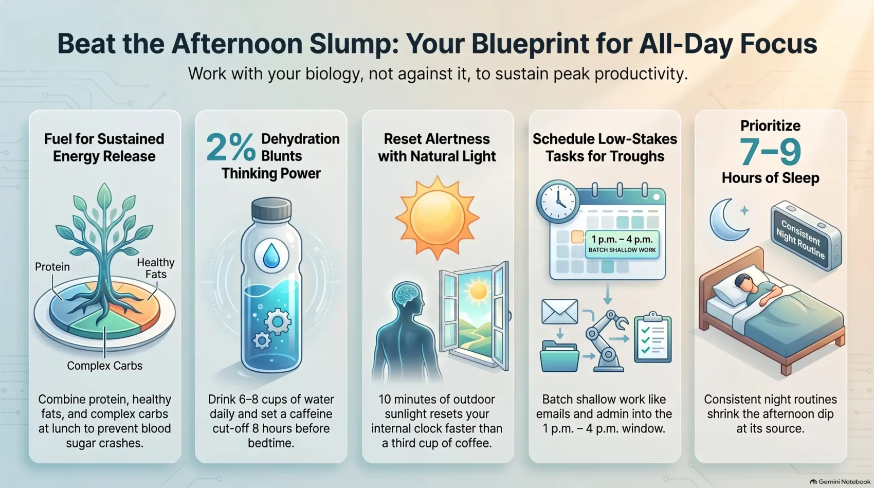 Infographic titled Beat the Afternoon Slump: Your Blueprint for All-Day Focus, outlining five daily habits including balanced nutrition, hydration, sunlight, task scheduling, and quality sleep.