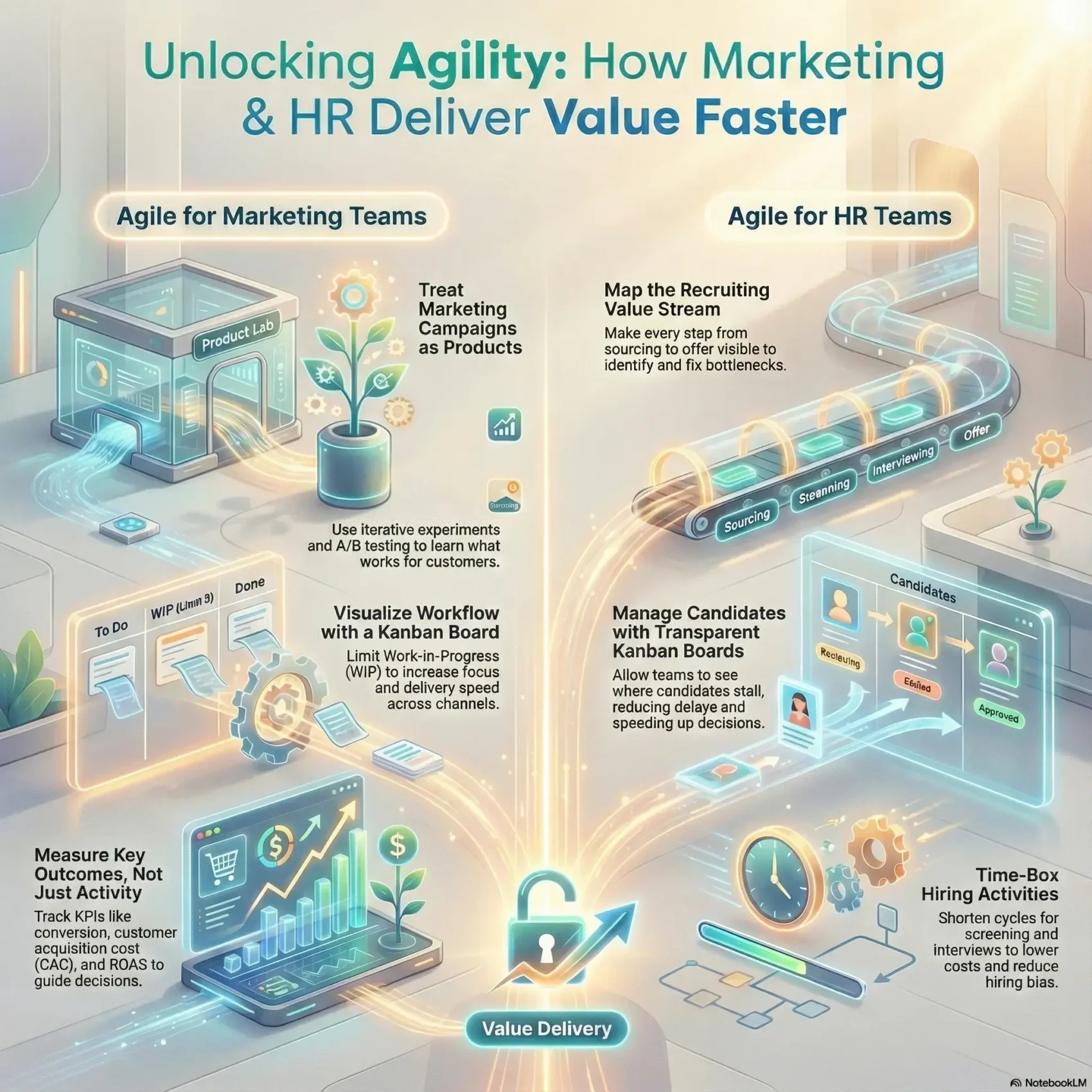 Infographic showing how Marketing and HR teams use Agile methodologies by SmartKeys, featuring Kanban boards, iterative experiments, and value-stream mapping to deliver results faster.