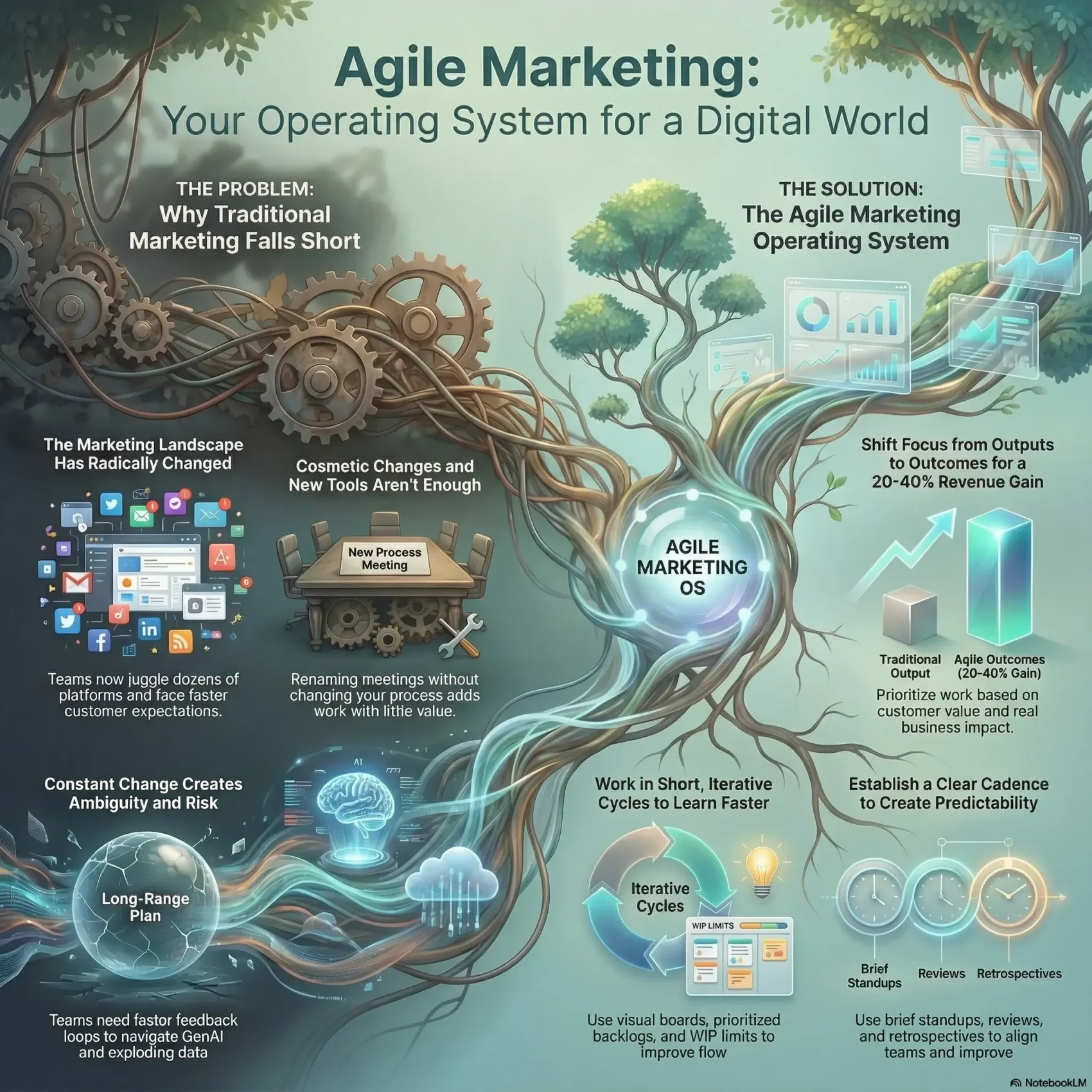 SmartKeys infographic on Agile Marketing as a digital operating system, comparing traditional methods with agile iterative cycles to achieve 20-40% revenue gains and faster feedback loops.