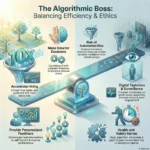 Algorithmic Management: Balancing Efficiency and Ethics at Work SmartKeys Infographic: The Algorithmic Boss – Balancing efficiency and ethics in the workplace. A scale visualization weighing the benefits of AI (smarter decisions, faster hiring) against the risks of algorithmic management (automated bias, digital Taylorism, surveillance, and health harms).