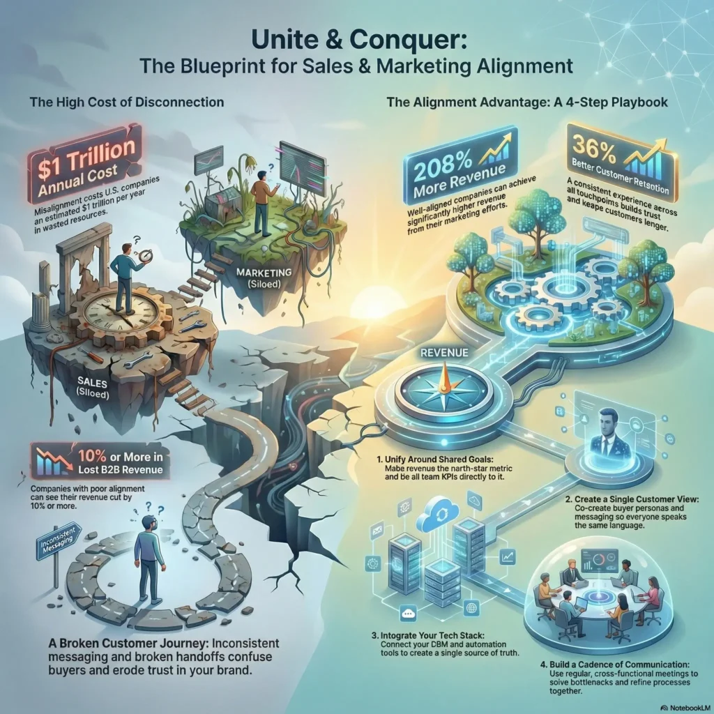 SmartKeys infographic: The Blueprint for Sales & Marketing Alignment. A visual guide showing the cost of disconnection ($1 trillion annual loss) versus the alignment advantage (208% more revenue). Steps include unifying around shared goals, creating a single customer view, integrating the tech stack, and building a communication cadence.