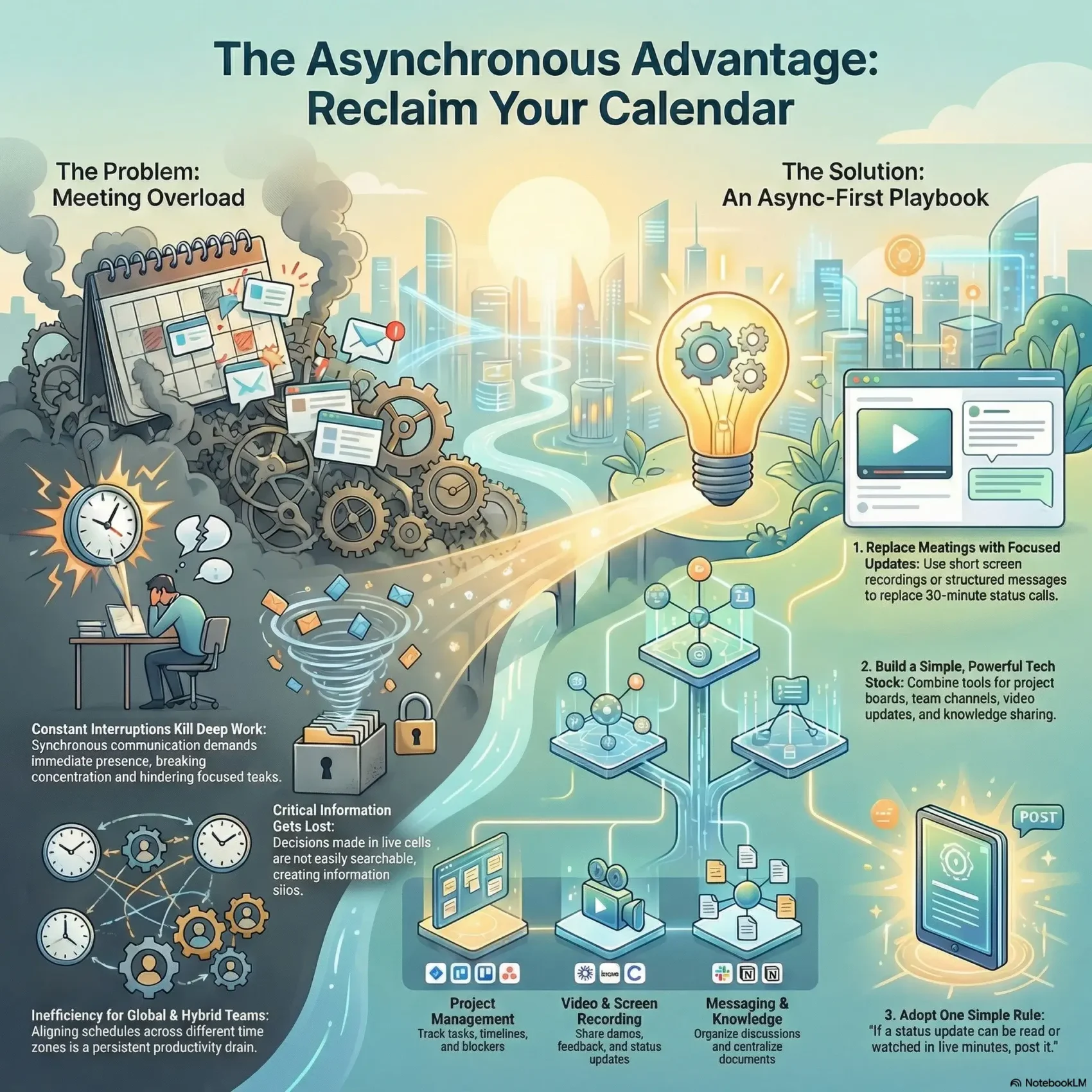 SmartKeys infographic titled "The Asynchronous Advantage: Reclaim Your Calendar." It contrasts the problems of meeting overload with an "Async-First Playbook," featuring solutions like replacing status calls with screen recordings, building a project management tech stack, and adopting rules to reduce real-time dependency.