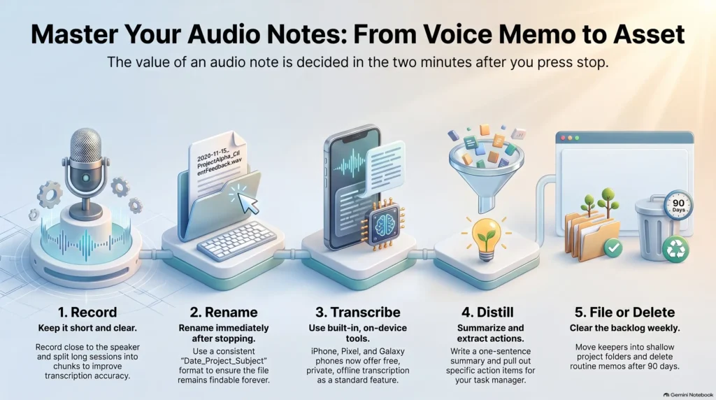 Infographic titled 'Master Your Audio Notes: From Voice Memo to Asset' outlining a 5-step workflow: Record short clips, Rename with consistent file naming, Transcribe using built-in phone tools, Distill into key action items, and File or Delete routine memos