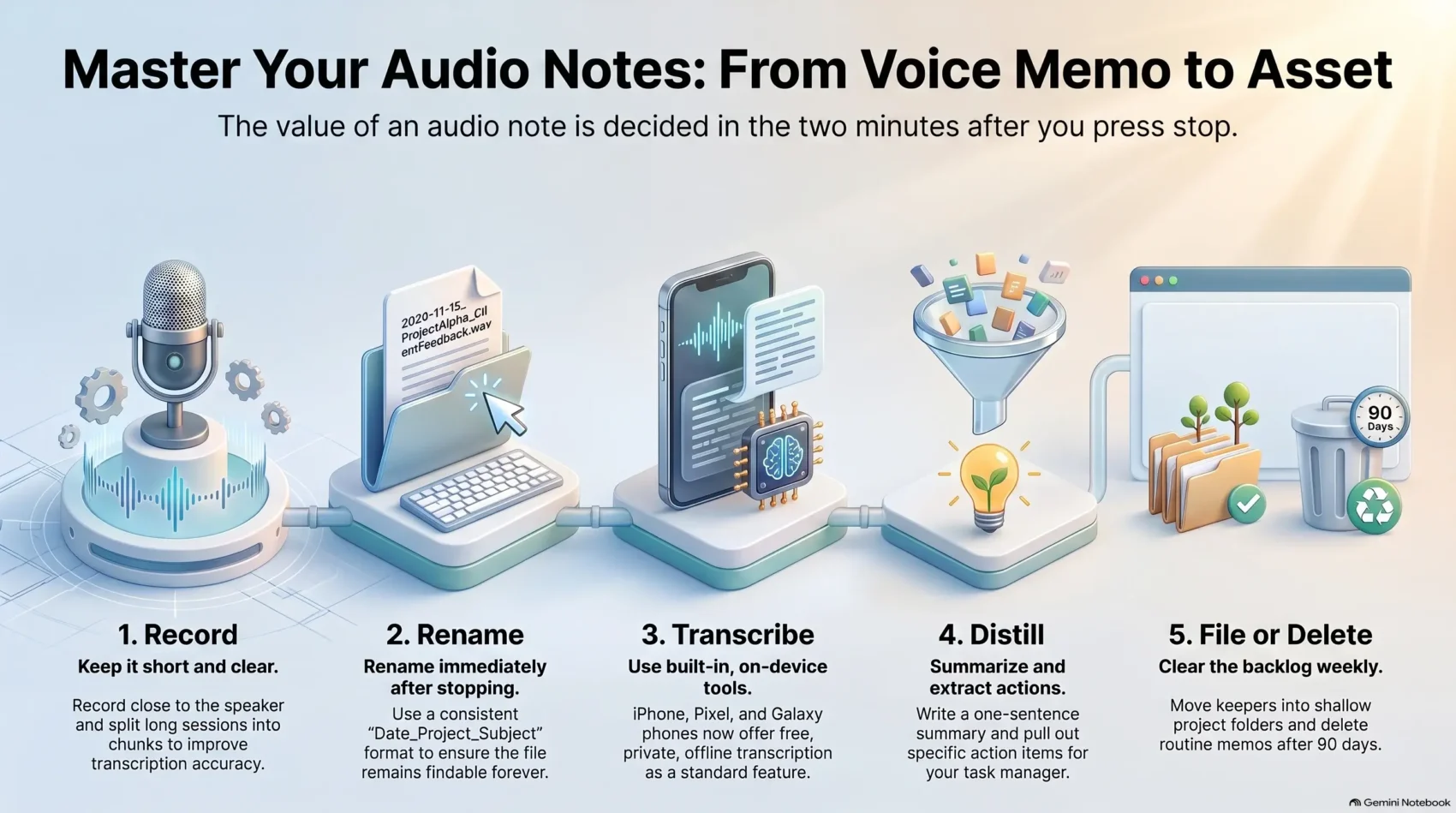Infographic titled 'Master Your Audio Notes: From Voice Memo to Asset' outlining a 5-step workflow: Record short clips, Rename with consistent file naming, Transcribe using built-in phone tools, Distill into key action items, and File or Delete routine memos