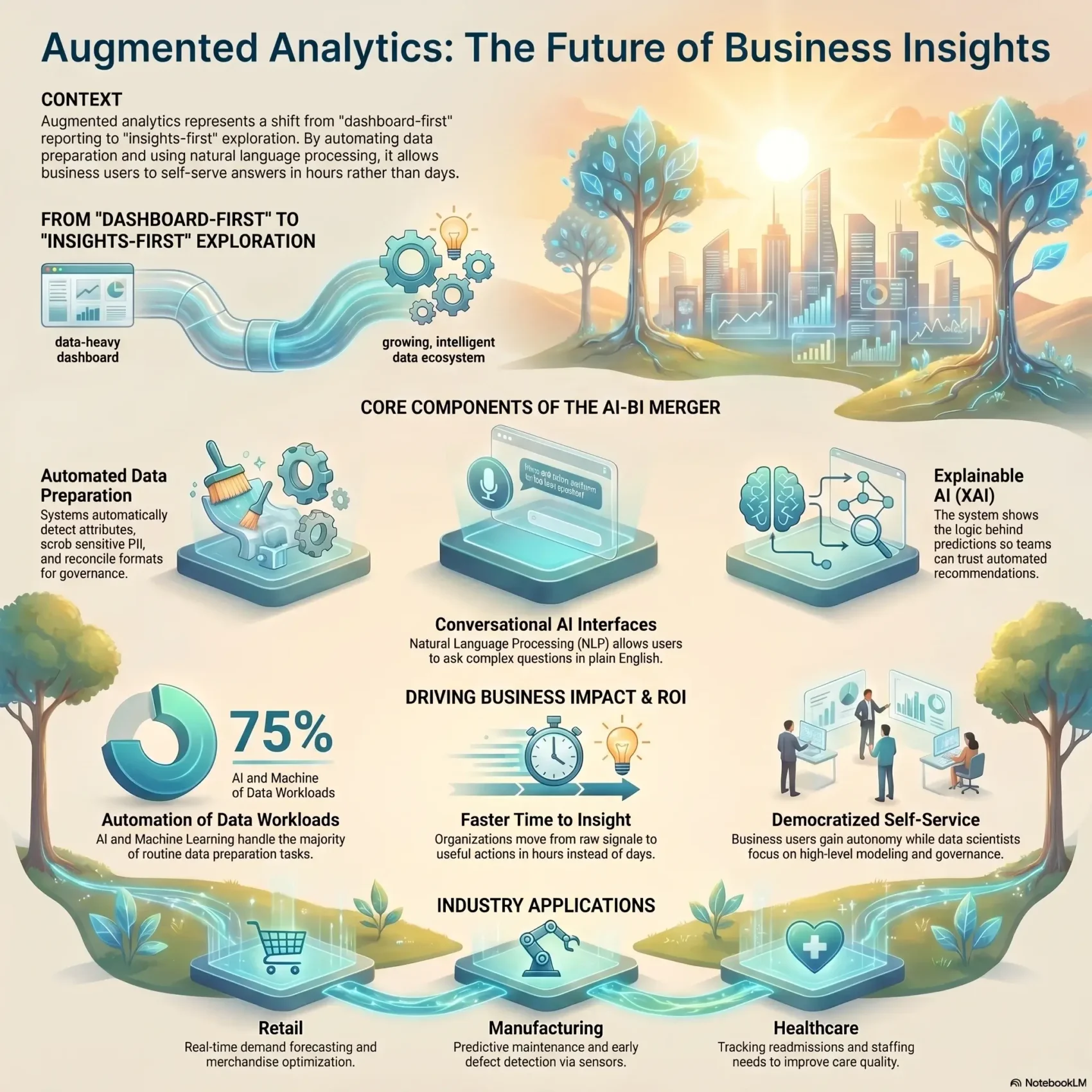 Infographic explaining augmented analytics as the future of business insights, featuring automated data preparation, conversational AI interfaces, explainable AI, and industry applications.
