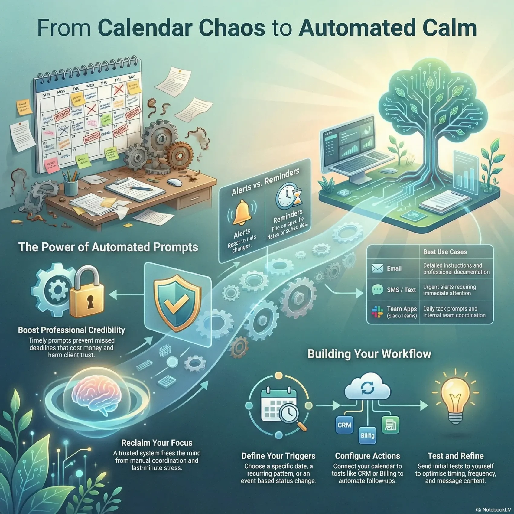 SmartKeys infographic explaining how to transition from calendar chaos to automated calm, detailing the differences between alerts and reminders, best use cases, and steps to build a reliable automated workflow.
