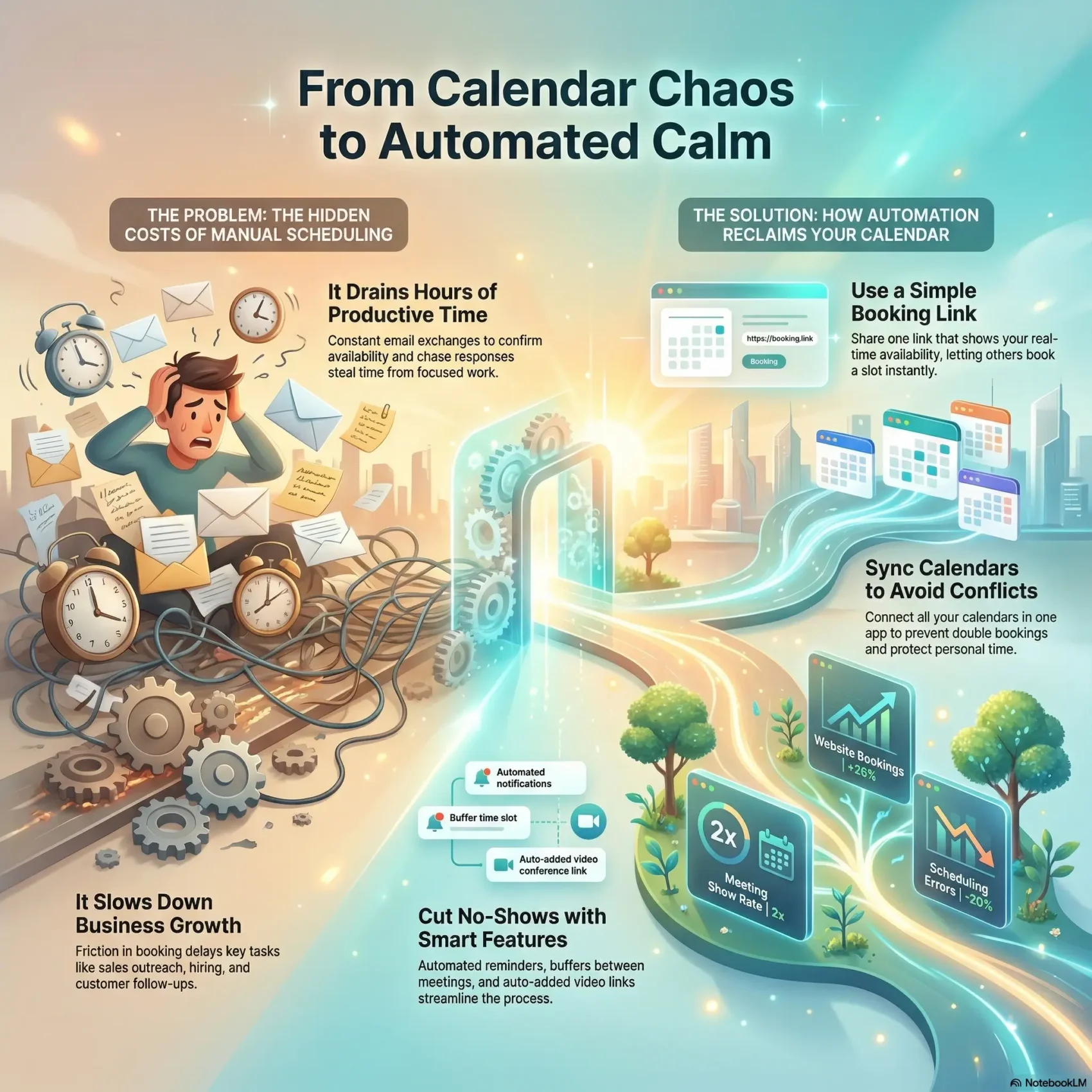 SmartKeys infographic titled From Calendar Chaos to Automated Calm. The visual contrasts the hidden costs of manual scheduling with the benefits of automation, explaining how booking links and calendar synchronization reduce errors, cut no-shows, and save productive time.