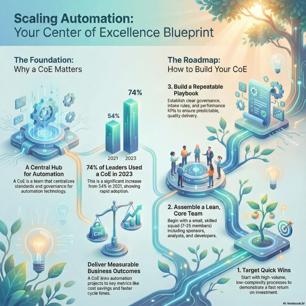 SmartKeys infographic blueprint for scaling automation, explaining how to build a Center of Excellence (CoE) to centralize governance and deliver measurable business outcomes.