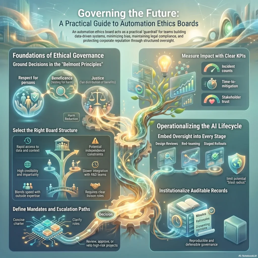 Infographic providing a practical guide to automation ethics boards, outlining the foundations of ethical governance, board structures, and methods for operationalizing the AI lifecycle.