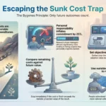 Avoid the Sunk Cost Trap: Know When to Cut Losses and Move On Infographic explaining how to escape the sunk cost trap using the bygones principle, stop rules, and outside reviewers to base decisions on future value.