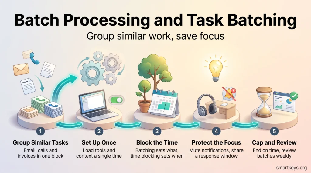 Infographic on batch processing and task batching: group similar tasks, set up once, block the time, protect your focus, then cap and review batches.