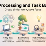 Batch Processing and Task Batching: Group Similar Work, Save Focus Infographic on batch processing and task batching: group similar tasks, set up once, block the time, protect your focus, then cap and review batches.