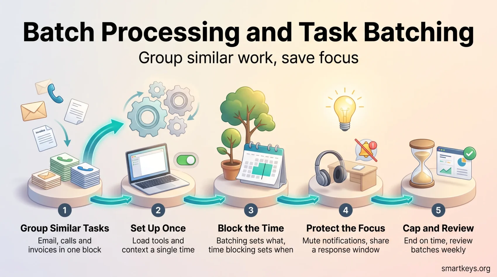 Infographic on batch processing and task batching: group similar tasks, set up once, block the time, protect your focus, then cap and review batches.