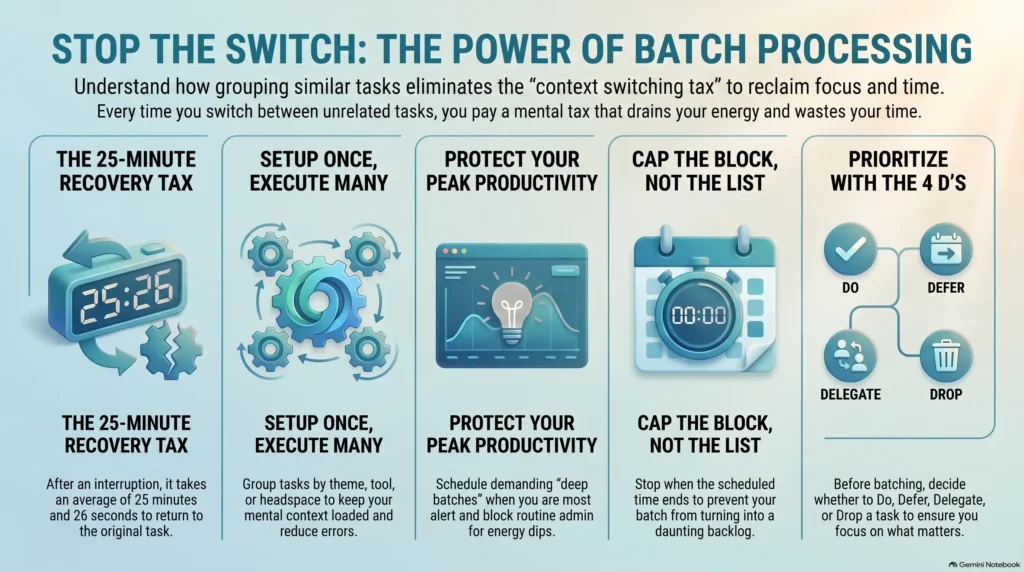 Infographic by SmartKeys explaining the power of batch processing and how grouping similar tasks reduces the 25-minute context switching tax, boosts focus, and applies the 4 D's prioritization framework.