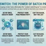 Infographic by SmartKeys explaining the power of batch processing and how grouping similar tasks reduces the 25-minute context switching tax, boosts focus, and applies the 4 D's prioritization framework.
