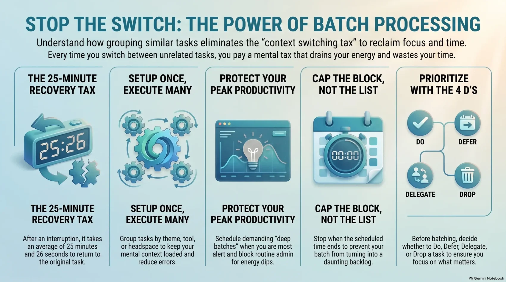 Infographic by SmartKeys explaining the power of batch processing and how grouping similar tasks reduces the 25-minute context switching tax, boosts focus, and applies the 4 D's prioritization framework.