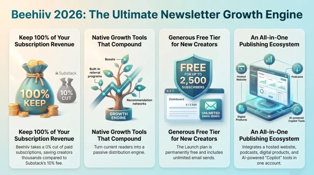 Infographic summarizing Beehiiv newsletter growth features in 2026, covering 0% revenue take rate, native growth engines, a 2,500-subscriber free tier, and all-in-one publishing tools by SmartKeys.