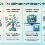 Infographic summarizing Beehiiv newsletter growth features in 2026, covering 0% revenue take rate, native growth engines, a 2,500-subscriber free tier, and all-in-one publishing tools by SmartKeys.