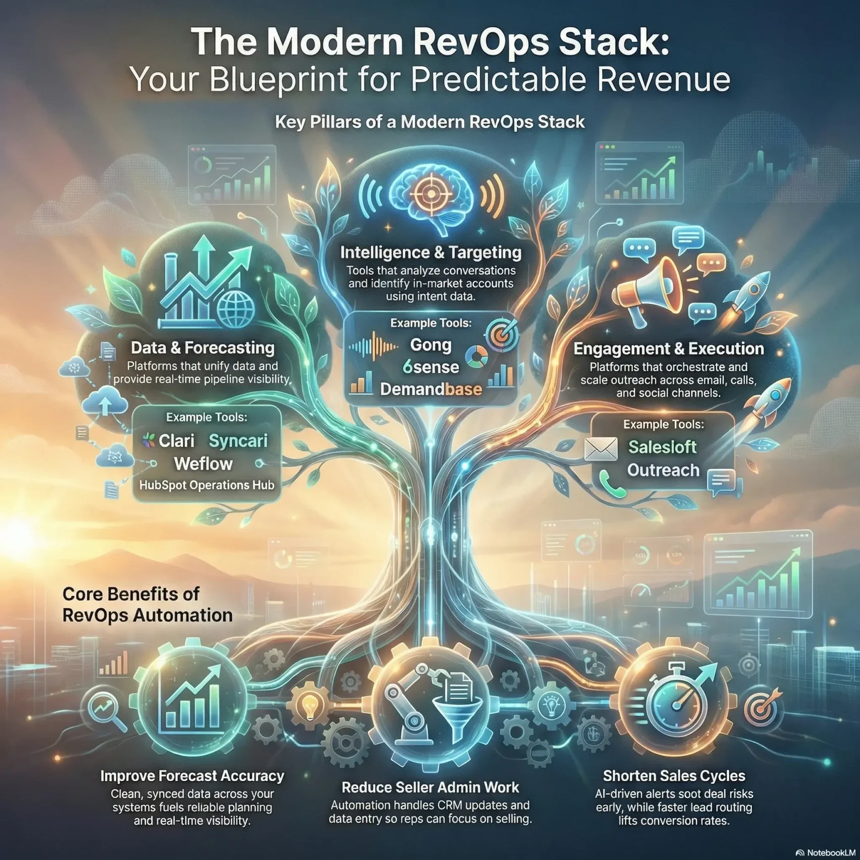 SmartKeys infographic titled "The Modern RevOps Stack: Your Blueprint for Predictable Revenue." It visualizes a tech stack tree featuring tools like Gong, Clari, and Salesloft categorized by Data & Forecasting, Intelligence & Targeting, and Engagement. It outlines core benefits like improved forecast accuracy and shortened sales cycles.