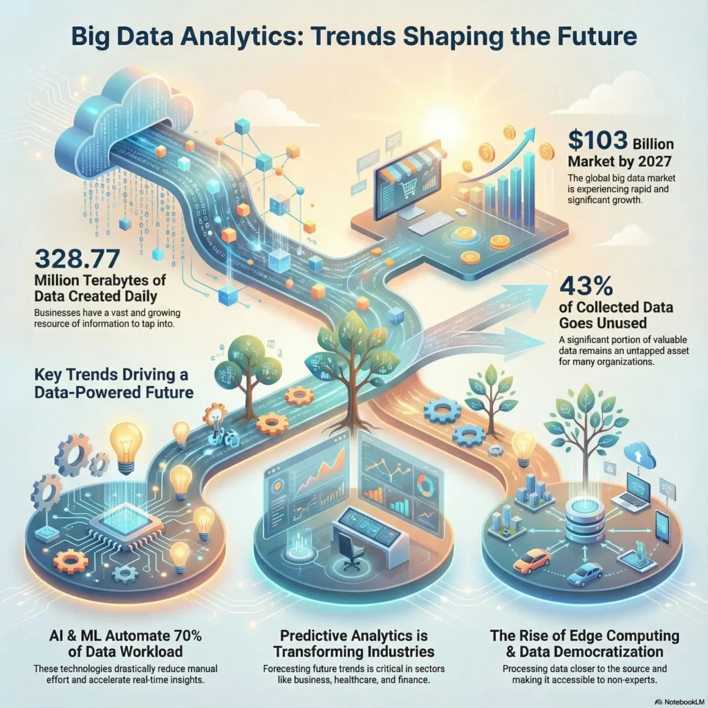 SmartKeys Infographic displaying Big Data Analytics trends shaping the future, highlighting key statistics like the $103 billion market growth by 2027, AI automation of data workloads, and the rise of edge computing.