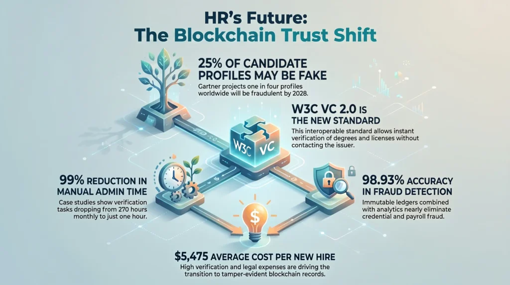 Infographic highlighting the blockchain trust shift in HR, detailing W3C VC 2.0 verifiable credentials, fake profile statistics, fraud reduction, and hiring cost savings.