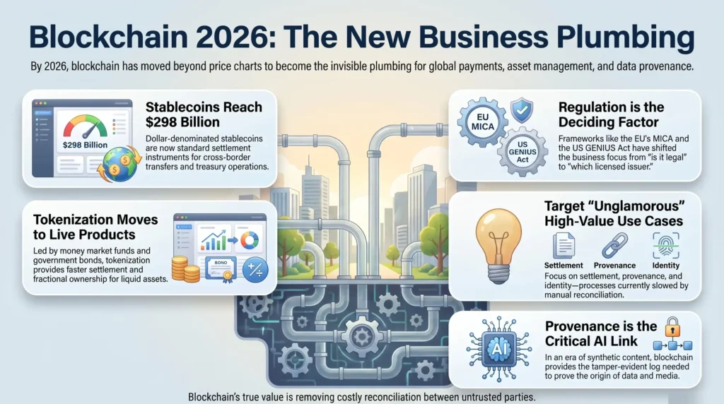 Infographic illustrating blockchain trends in business for 2026, showing stablecoin growth, tokenization of assets, regulatory frameworks like MiCA, and AI data provenance.