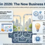 Blockchain in Business 2026: Trends, Adoption and Outlook Infographic illustrating blockchain trends in business for 2026, showing stablecoin growth, tokenization of assets, regulatory frameworks like MiCA, and AI data provenance.
