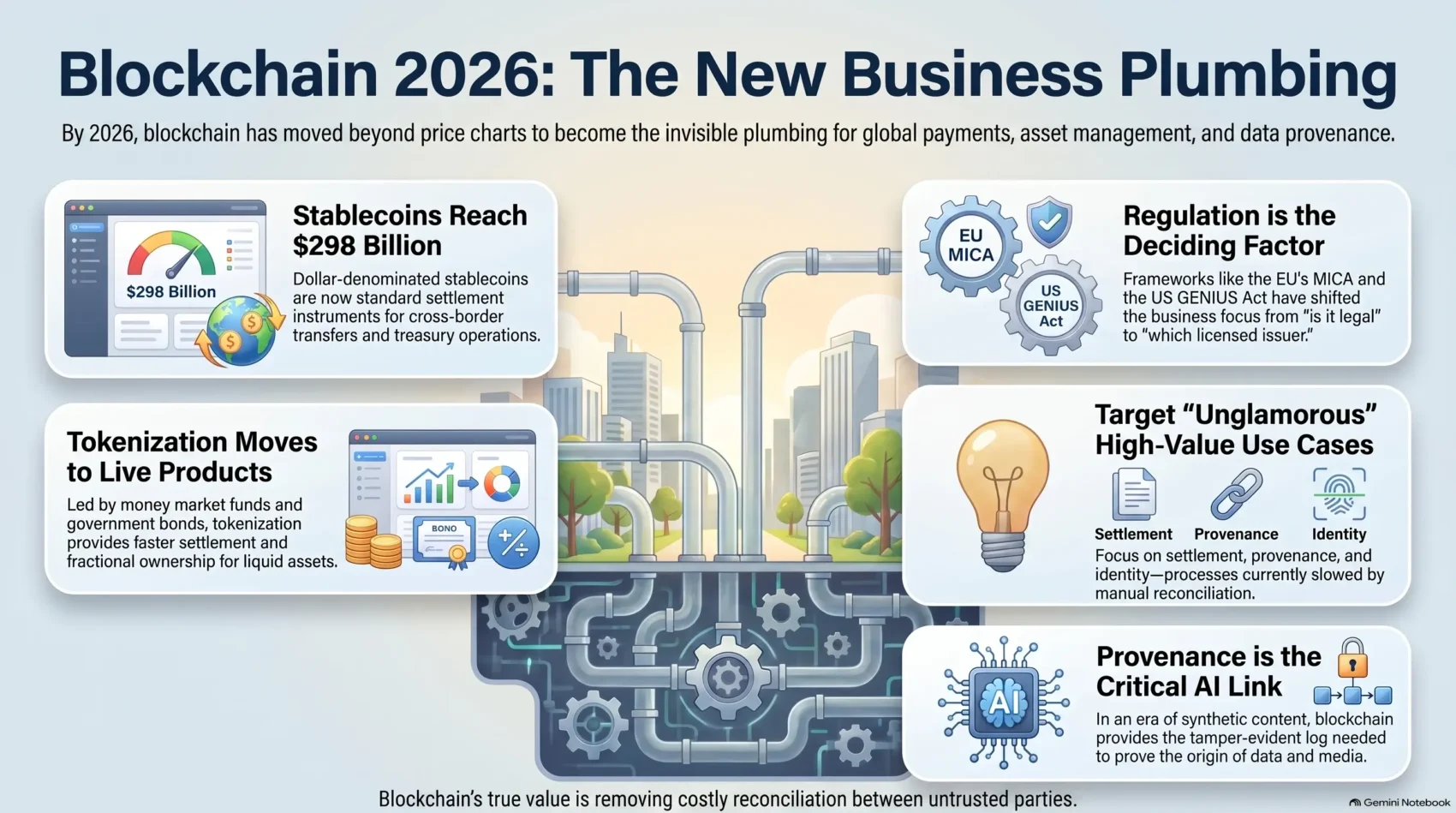 Infographic illustrating blockchain trends in business for 2026, showing stablecoin growth, tokenization of assets, regulatory frameworks like MiCA, and AI data provenance.