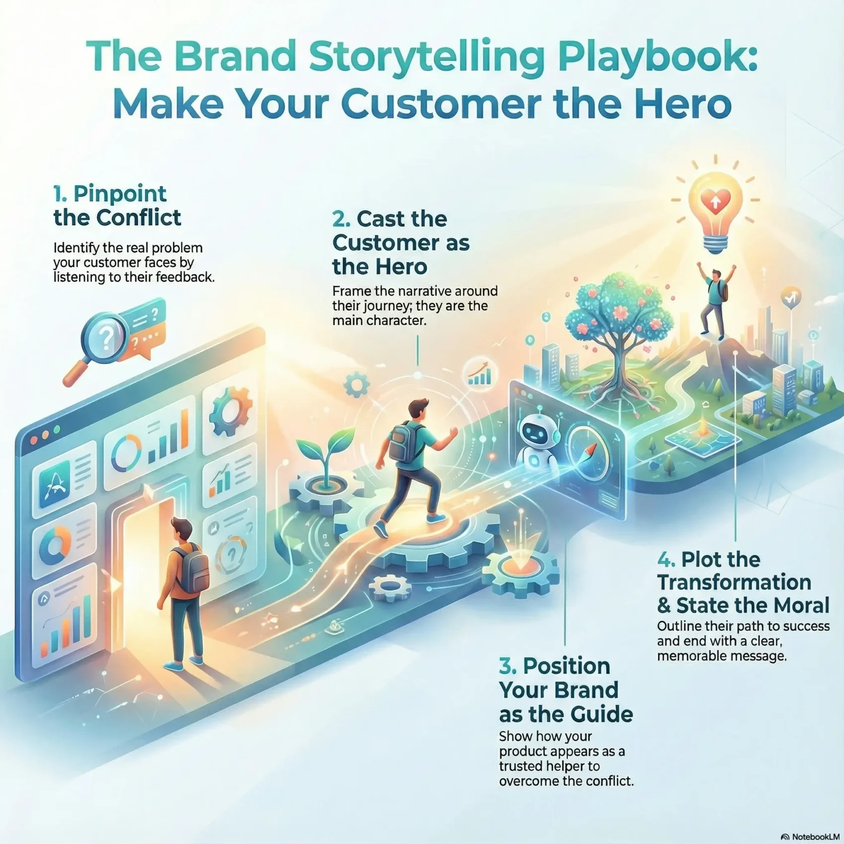 SmartKeys Brand Storytelling Playbook Infographic: A 4-step visual guide to crafting narratives that sell, illustrating how to pinpoint conflict, cast the customer as the hero, and position your brand as the guide.