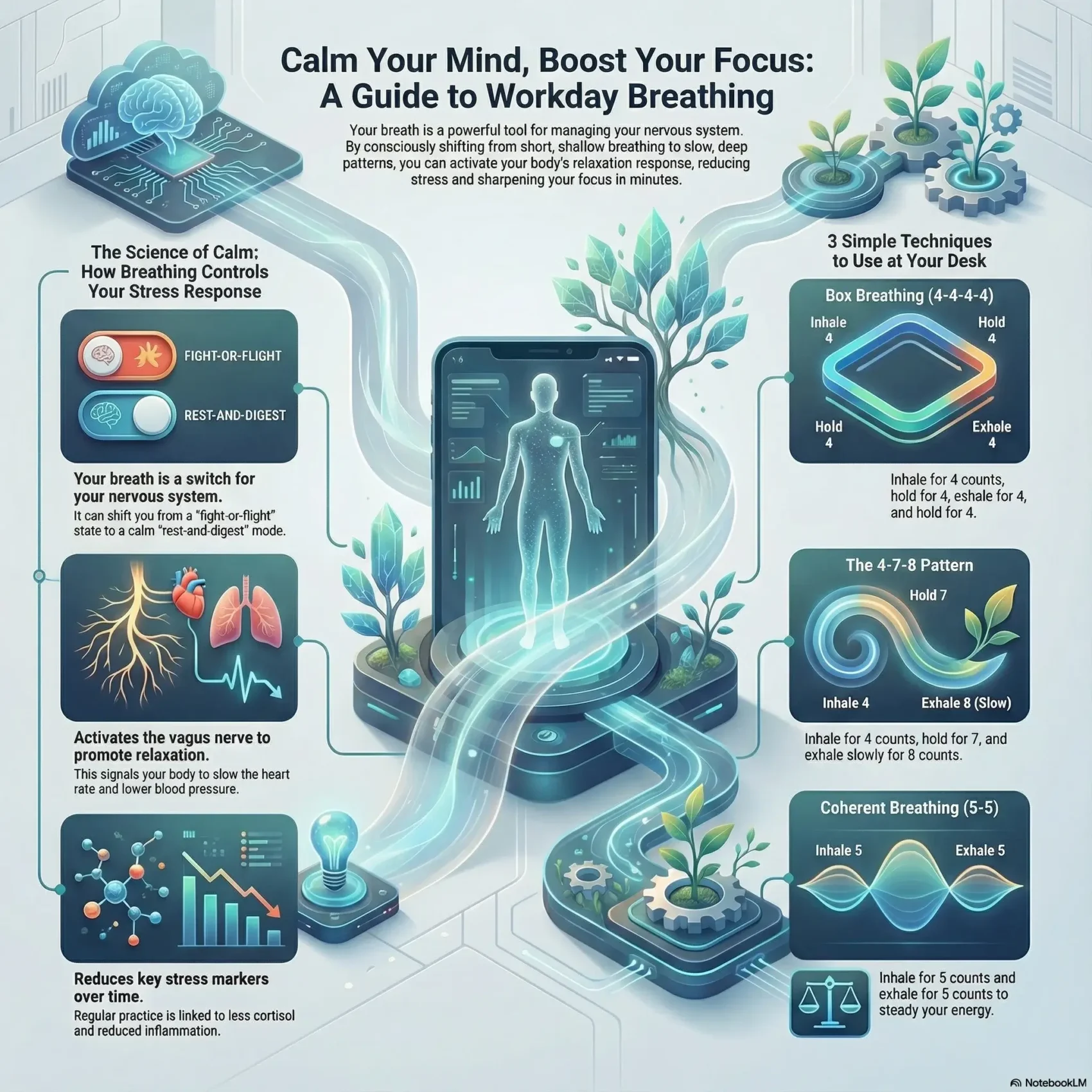 SmartKeys infographic guiding on breathing techniques to reduce work stress and improve focus, featuring Box Breathing, the 4-7-8 pattern, and Coherent Breathing methods.