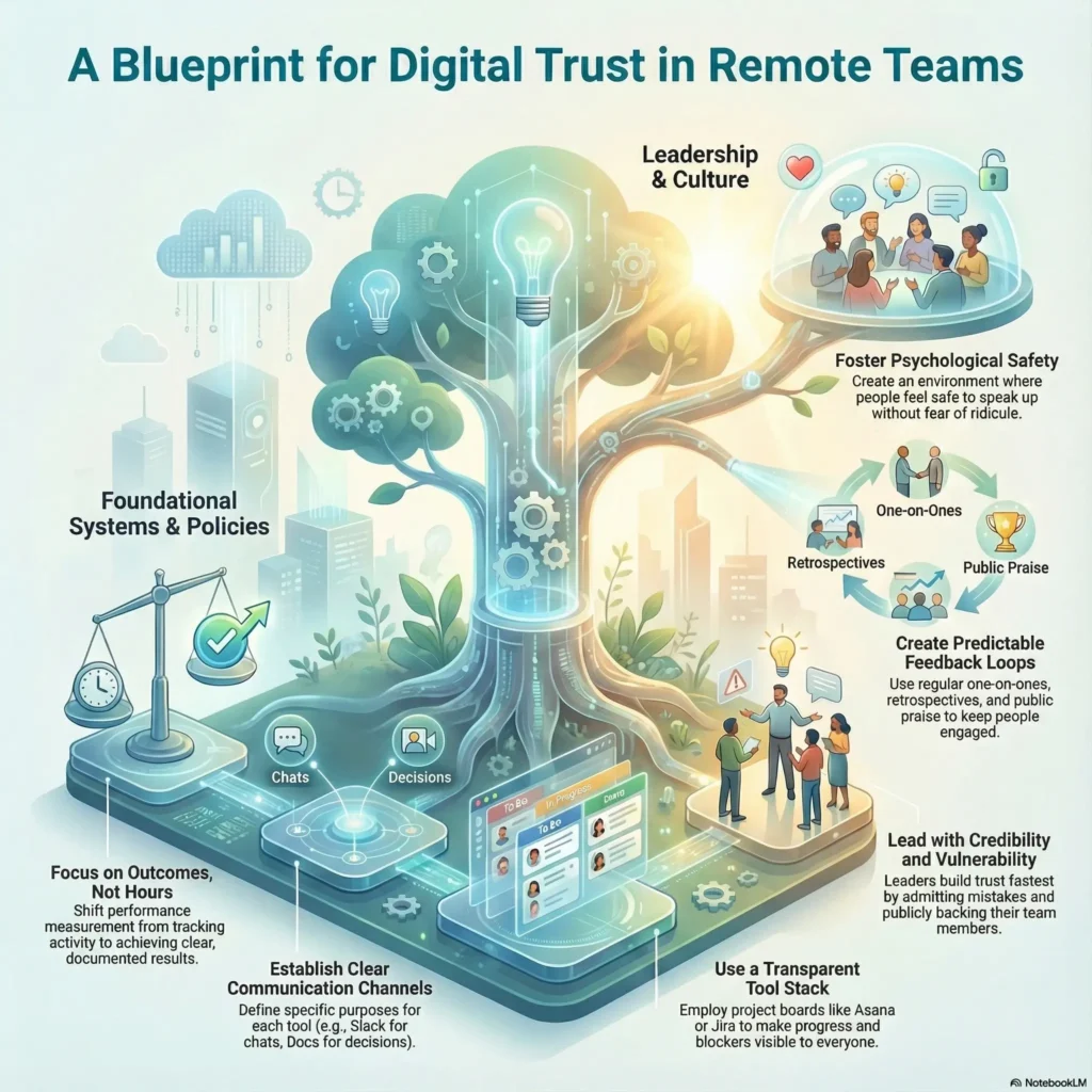 SmartKeys infographic outlining a blueprint for building digital trust in remote teams, focusing on performance based on outcomes, transparent communication channels, and psychological safety.