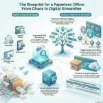 Building a Paperless Workflow: Save Time by Going Fully Digital SmartKeys infographic outlining a blueprint for a paperless office, showing how to streamline digital workflows through document capture, automated OCR archiving, smart tagging, and trigger-action workflows.