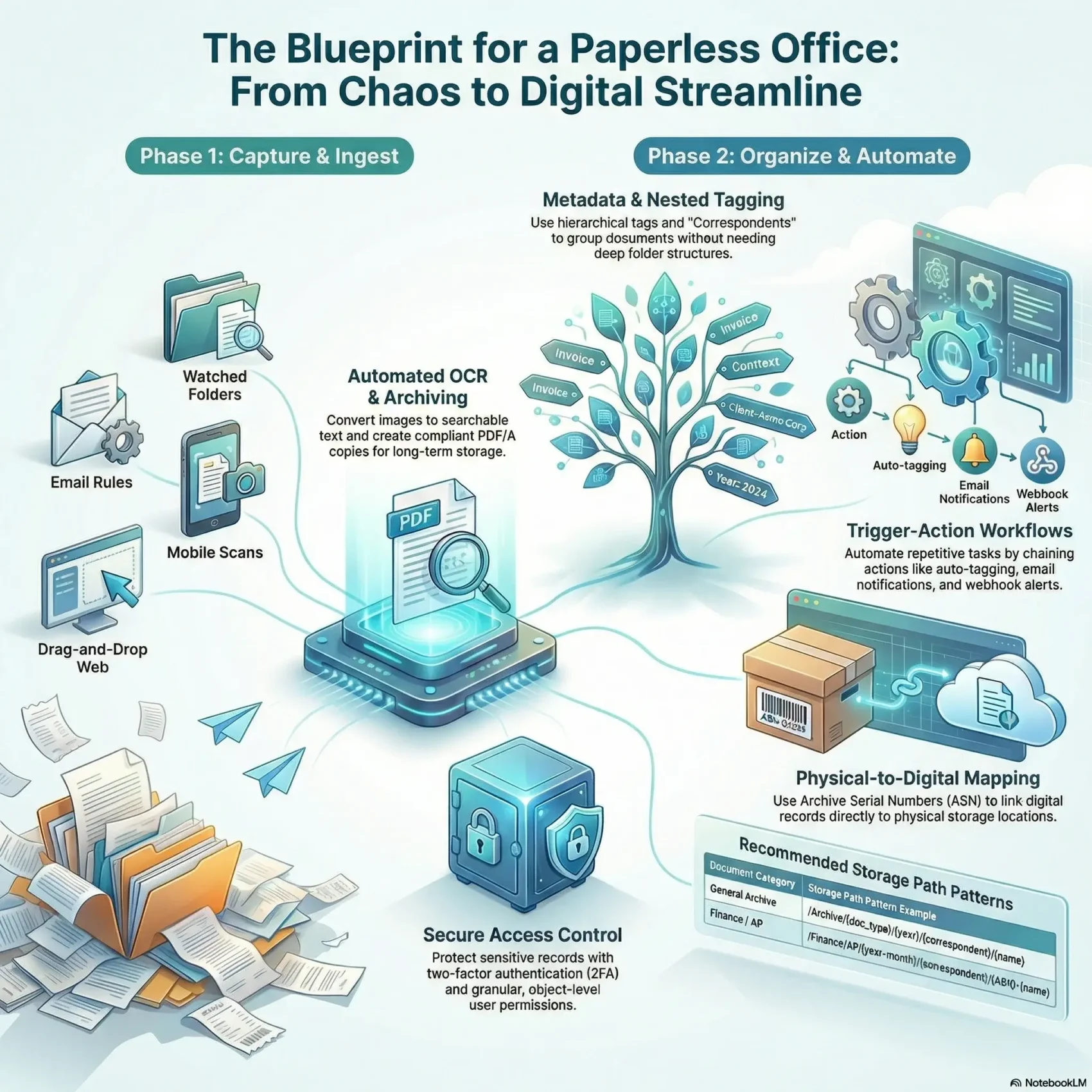 SmartKeys infographic outlining a blueprint for a paperless office, showing how to streamline digital workflows through document capture, automated OCR archiving, smart tagging, and trigger-action workflows.
