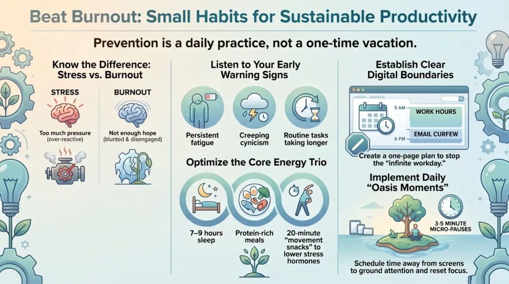 Infographic on beating burnout with daily sustainable productivity habits, energy optimization, digital boundaries, and micro-pause routines.