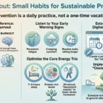Burnout Prevention in 2026: Habits That Protect Your Productivity Infographic on beating burnout with daily sustainable productivity habits, energy optimization, digital boundaries, and micro-pause routines.