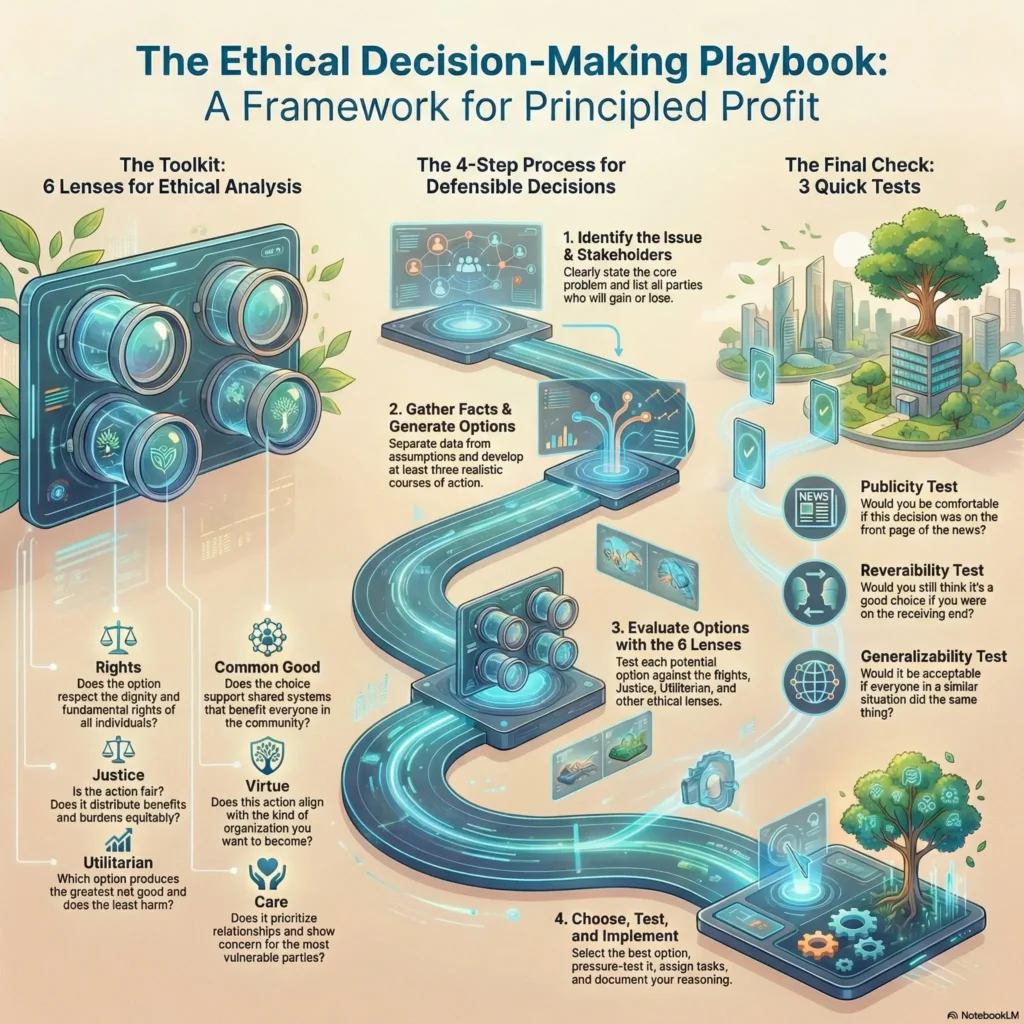 Infographic presenting an Ethical Decision-Making Playbook for principled profit. It outlines a 4-step process for defensible decisions, using 6 lenses for analysis (such as Rights, Justice, and Virtue) and final tests like the Publicity and Reversibility checks.