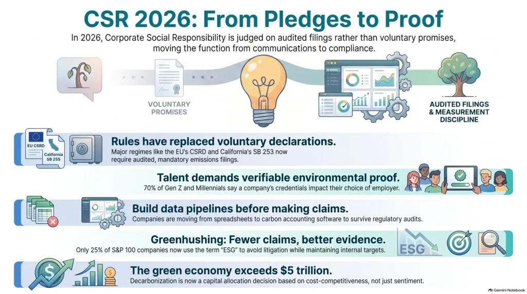 Infographic illustrating CSR trends for 2026 from SmartKeys, highlighting the shift from voluntary promises to audited compliance, emissions regulations, talent expectations, and carbon accounting.