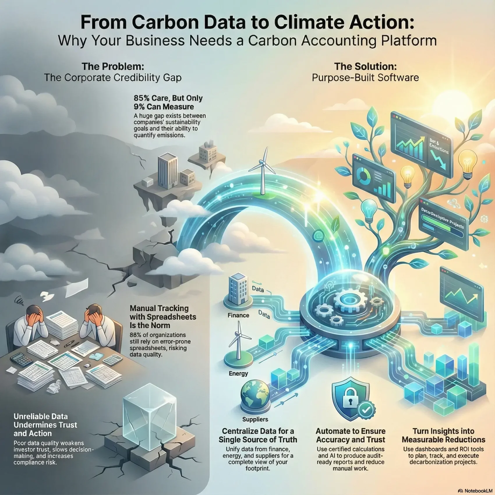 SmartKeys infographic comparing manual tracking to carbon accounting software, highlighting the importance of accurate data for corporate sustainability and emissions reduction.