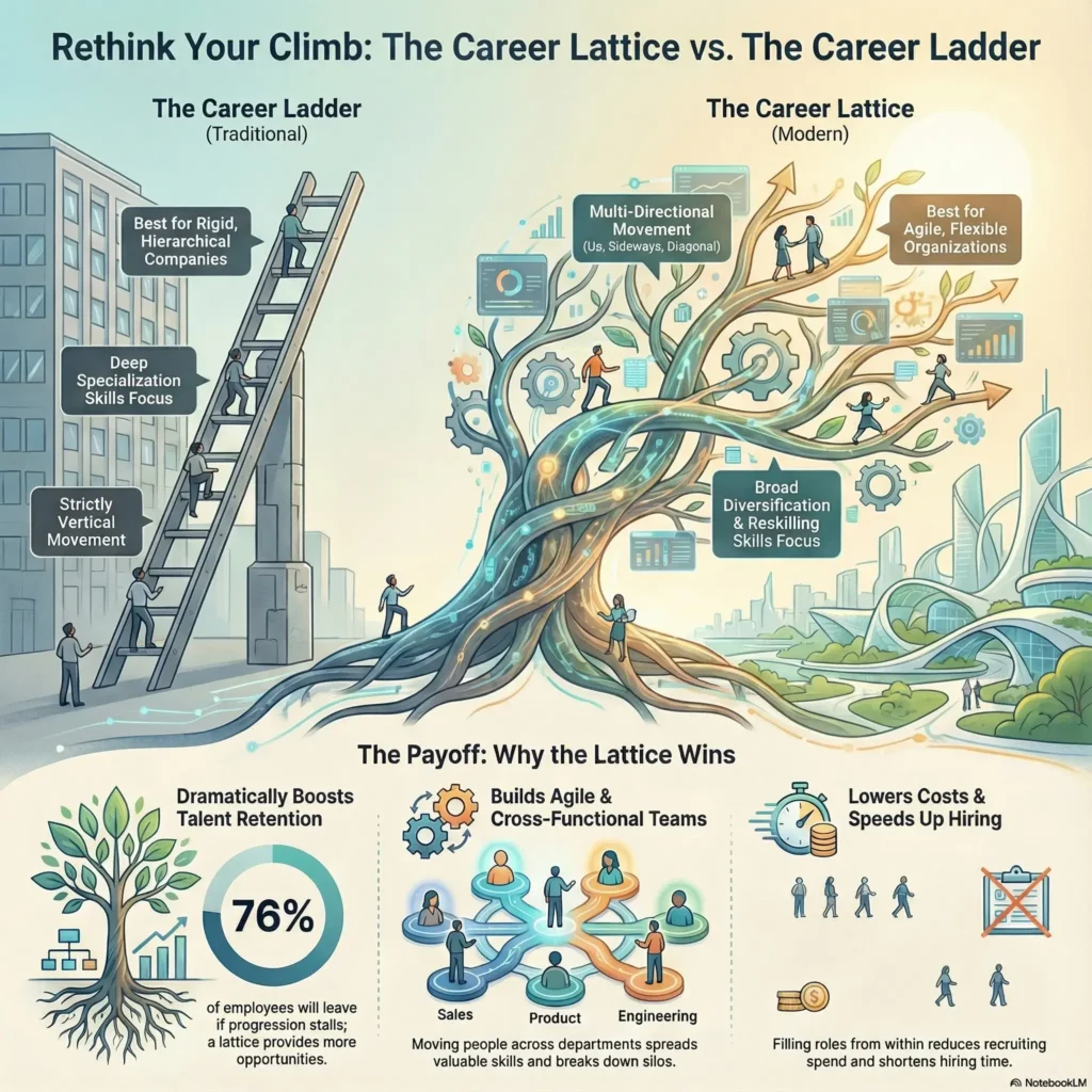 Infographic comparing the Career Lattice versus the Traditional Career Ladder by SmartKeys, showing how multi-directional movement boosts talent retention and organizational agility.